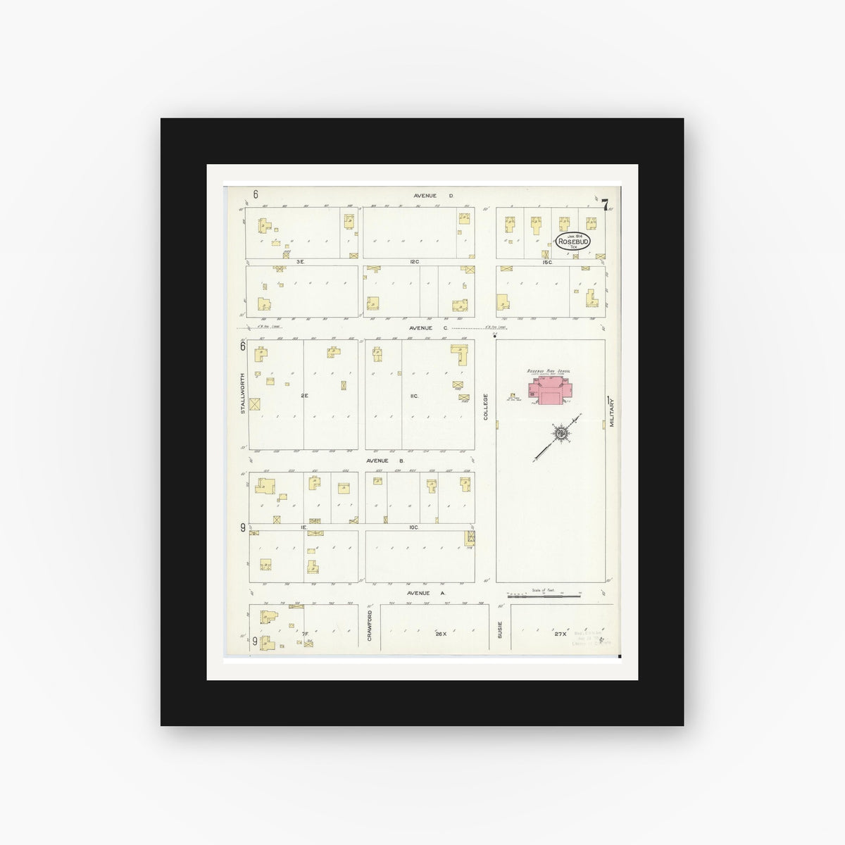 Old map wall art mockup — black gallery frame with white mat — Sanborn Fire Insurance Map from Rosebud, Falls County, Texas (1914), Sheet #0007