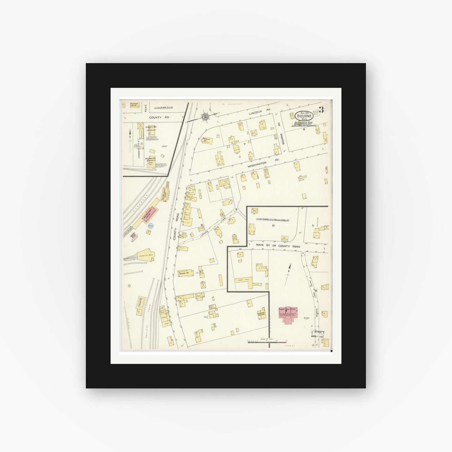 Old map wall art mockup — black gallery frame with white mat — Sanborn Fire Insurance Map from Bourne, Barnstable County, Massachusetts (1913), Sheet #0003
