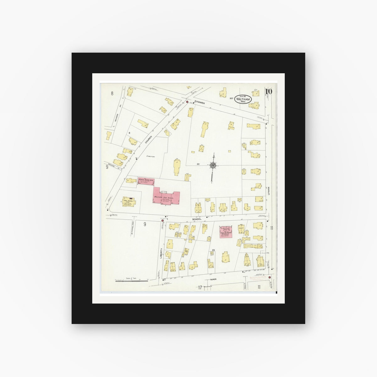 Old map wall art mockup — black gallery frame with white mat — Sanborn Fire Insurance Map from Waltham, Middlesex County, Massachusetts (1911), Sheet #0010