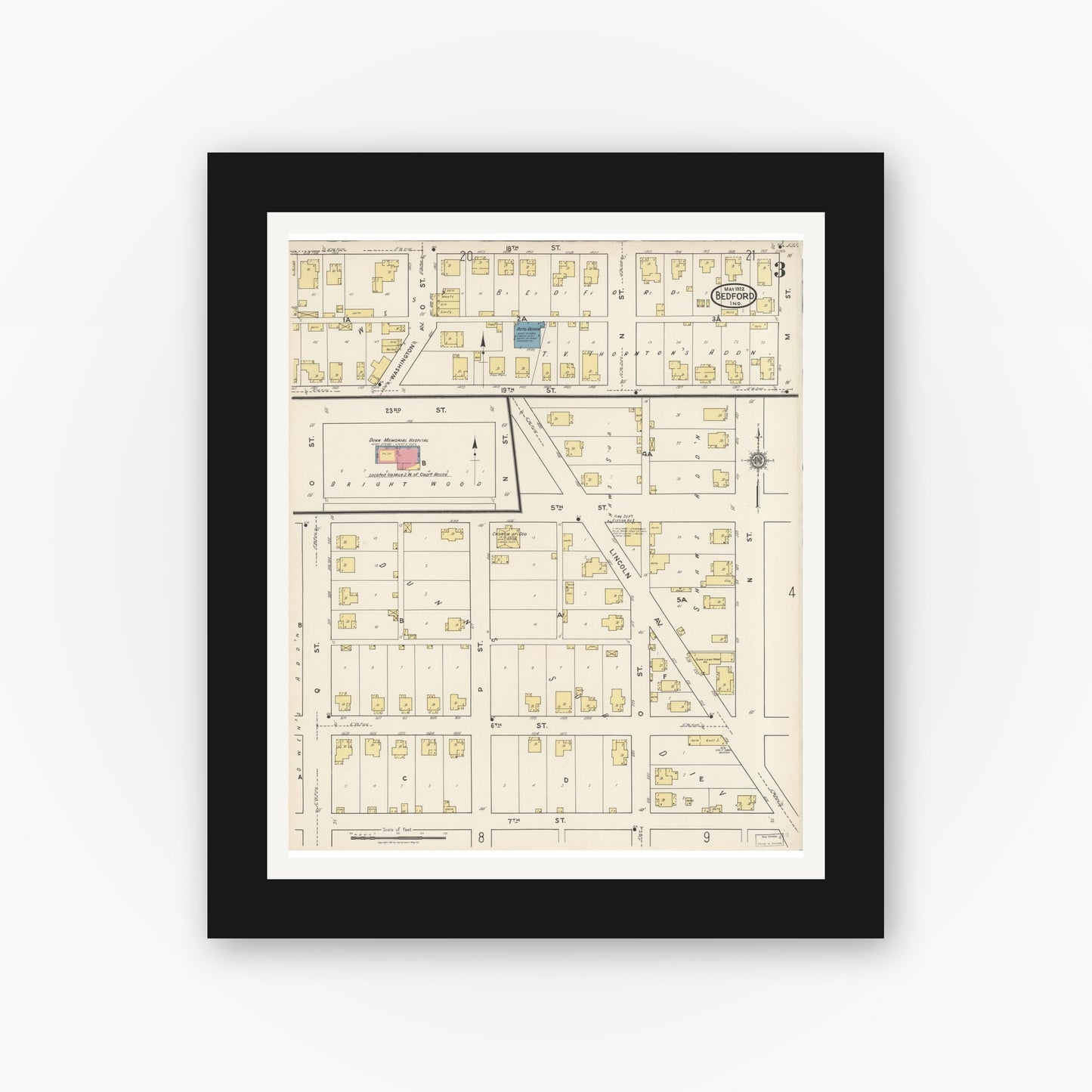 Old map wall art mockup — black gallery frame with white mat — Sanborn Fire Insurance Map from Bedford, Lawrence County, Indiana (1922), Sheet #0003