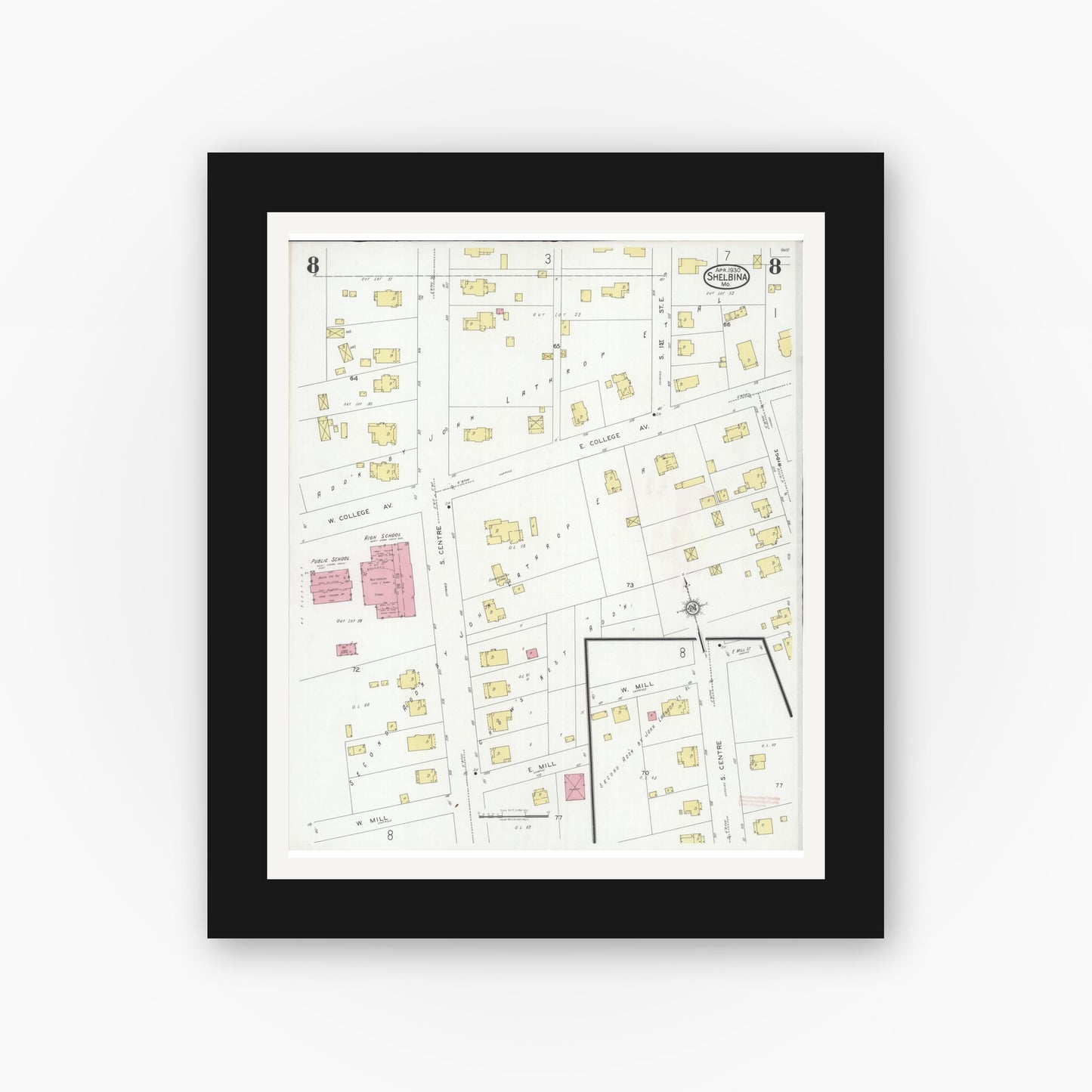 Old map wall art mockup — black gallery frame with white mat — Sanborn Fire Insurance Map from Shelbina, Shelby County, Missouri (1930), Sheet #0008