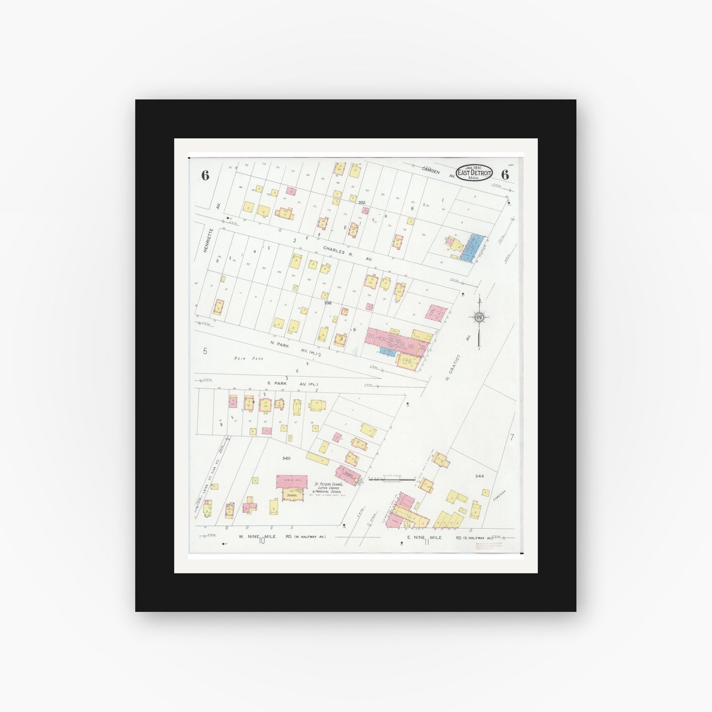 Old map wall art mockup — black gallery frame with white mat — Sanborn Fire Insurance Map from East Detroit, Macomb County, Michigan (1931), Sheet #0006