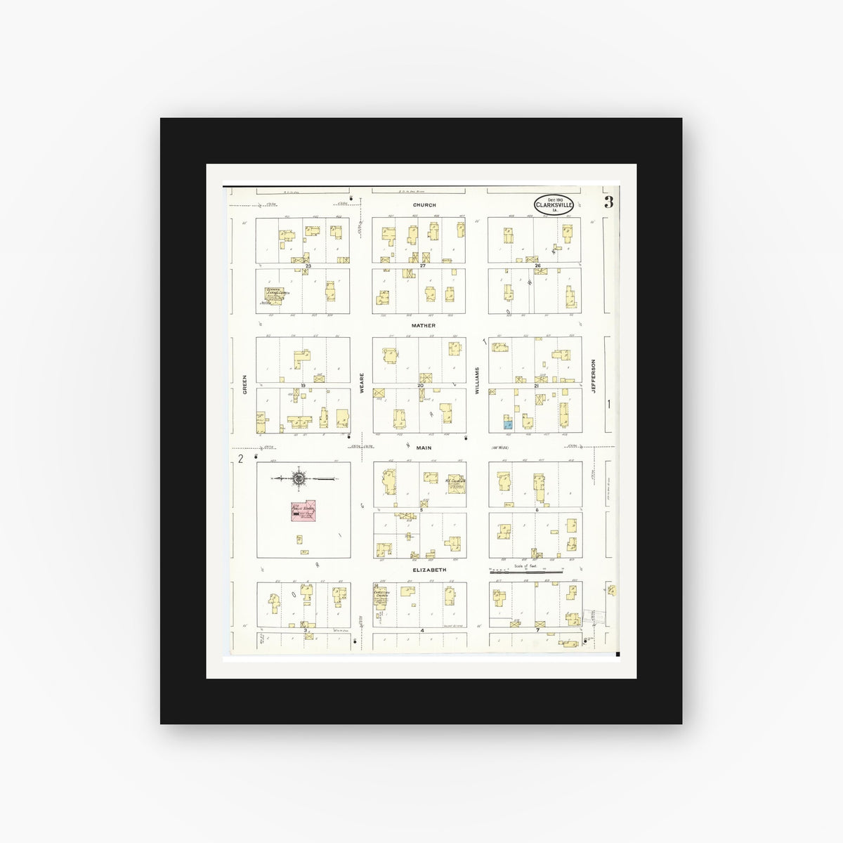 Old map wall art mockup — black gallery frame with white mat — Sanborn Fire Insurance Map from Clarksville, Butler County, Iowa (1910), Sheet #0003
