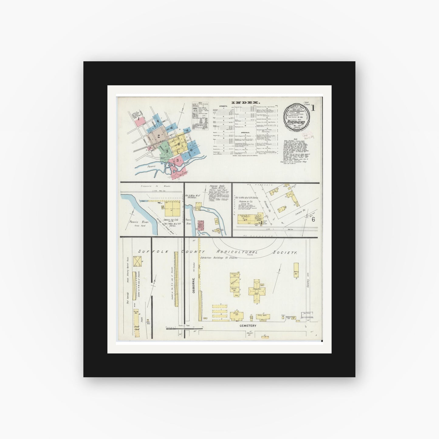 Old map wall art mockup — black gallery frame with white mat — Sanborn Fire Insurance Map from Riverhead, Suffolk County, New York (1897) - Complete Map Set