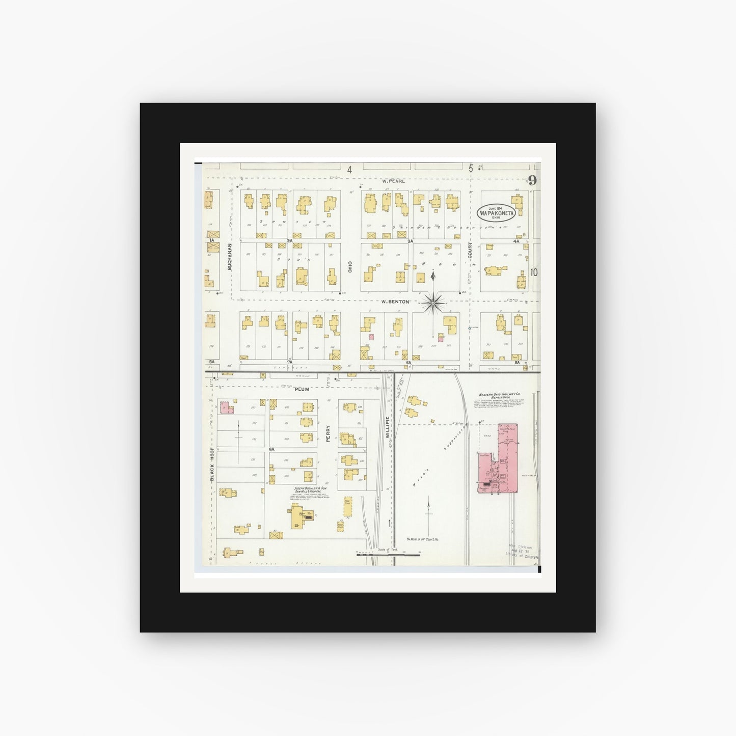 Old map wall art mockup — black gallery frame with white mat — Sanborn Fire Insurance Map from Wapakoneta, Auglaize County, Ohio (1904), Sheet #0009