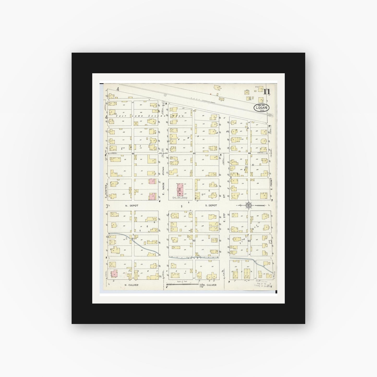 Old map wall art mockup — black gallery frame with white mat — Sanborn Fire Insurance Map from Logan, Hocking County, Ohio (1914), Sheet #0011
