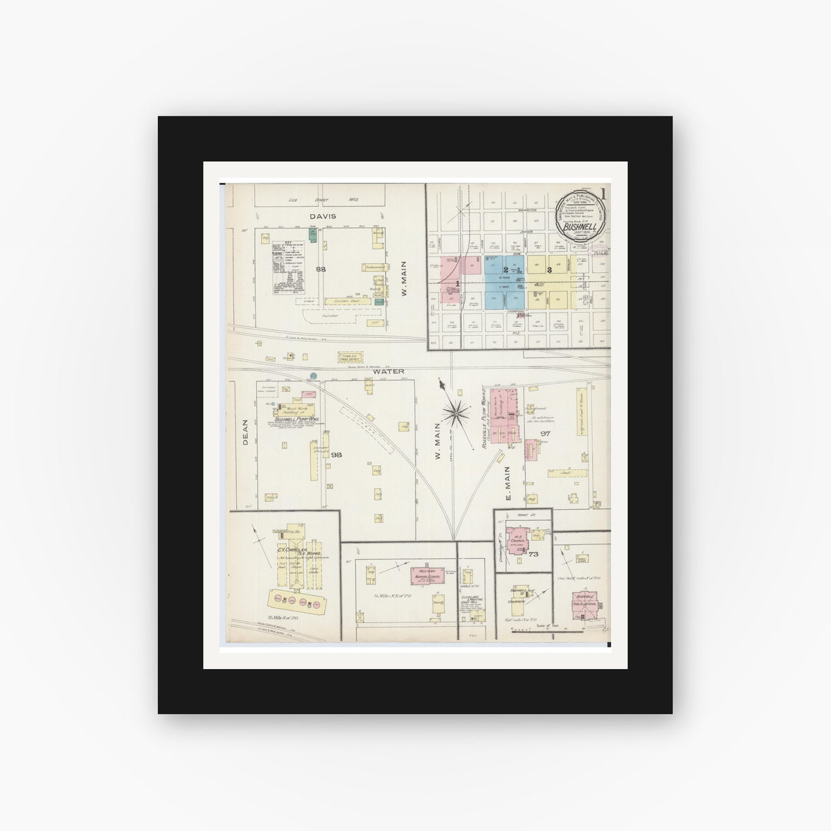 Old map wall art mockup — black gallery frame with white mat — Sanborn Fire Insurance Map from Bushnell, Mcdonough County, Illinois (1886), Sheet #0001