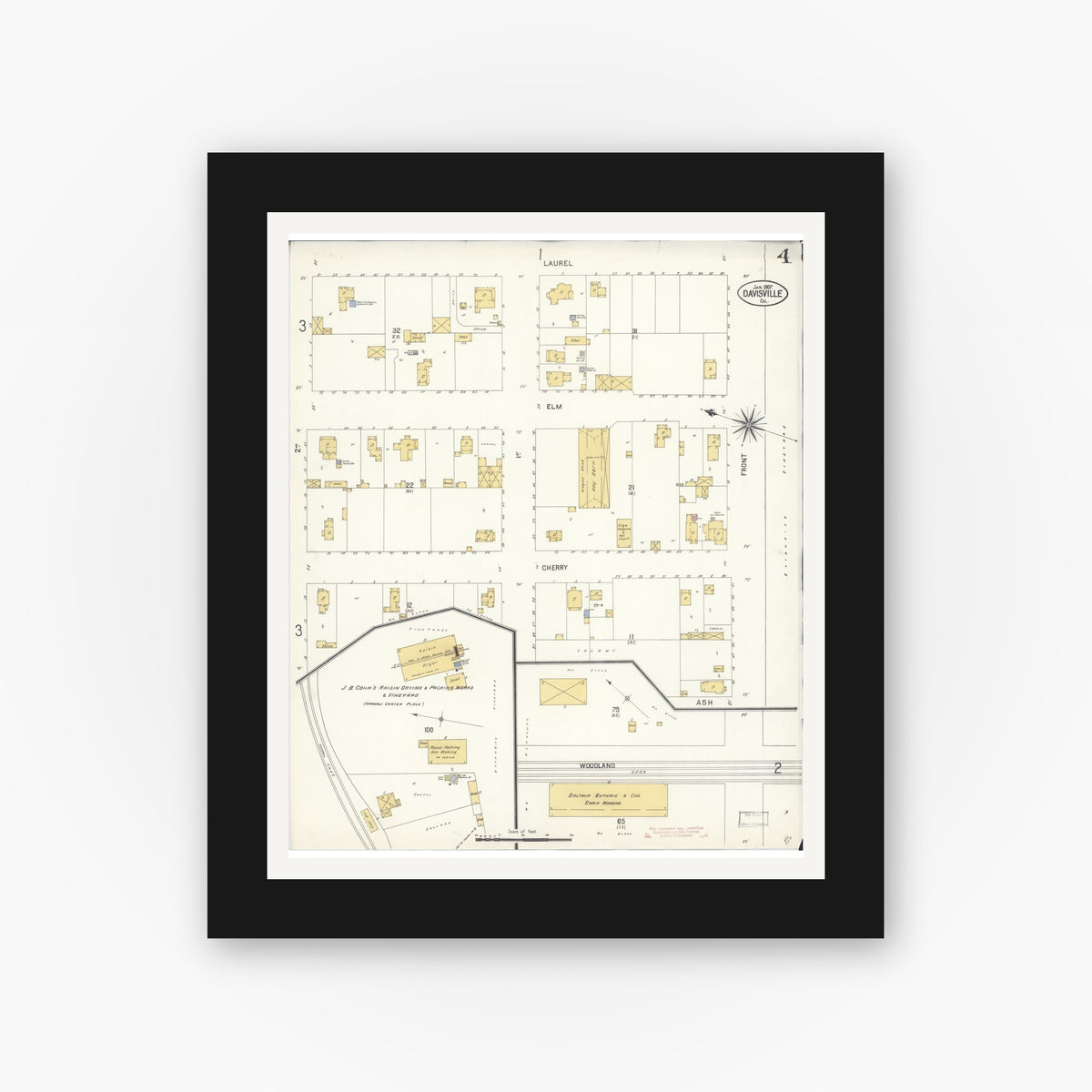 Old map wall art mockup — black gallery frame with white mat — Sanborn Fire Insurance Map from Davis, Yolo County, California (1907), Sheet #0004