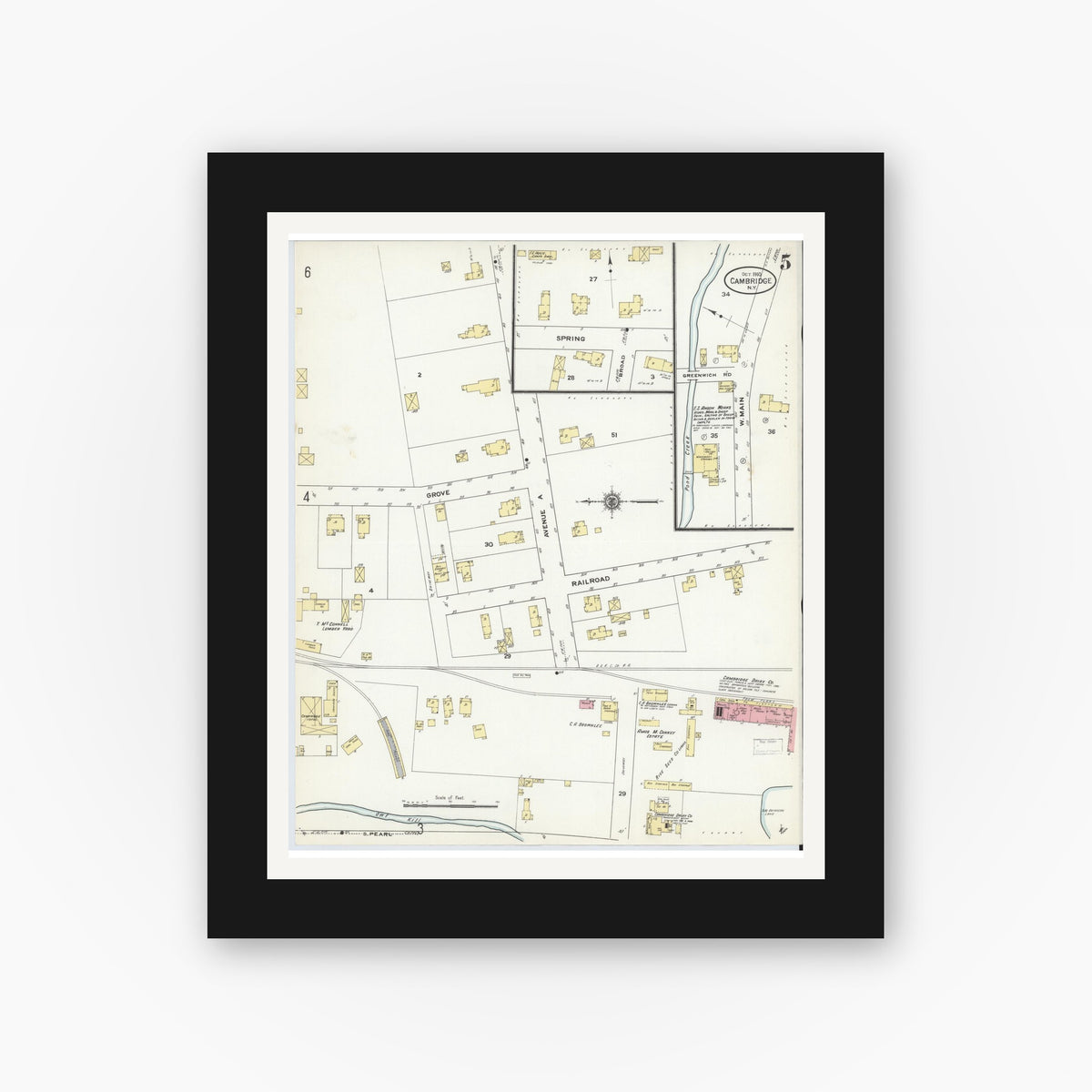 Old map wall art mockup — black gallery frame with white mat — Sanborn Fire Insurance Map from Cambridge, Washington County, New York (1910), Sheet #0005