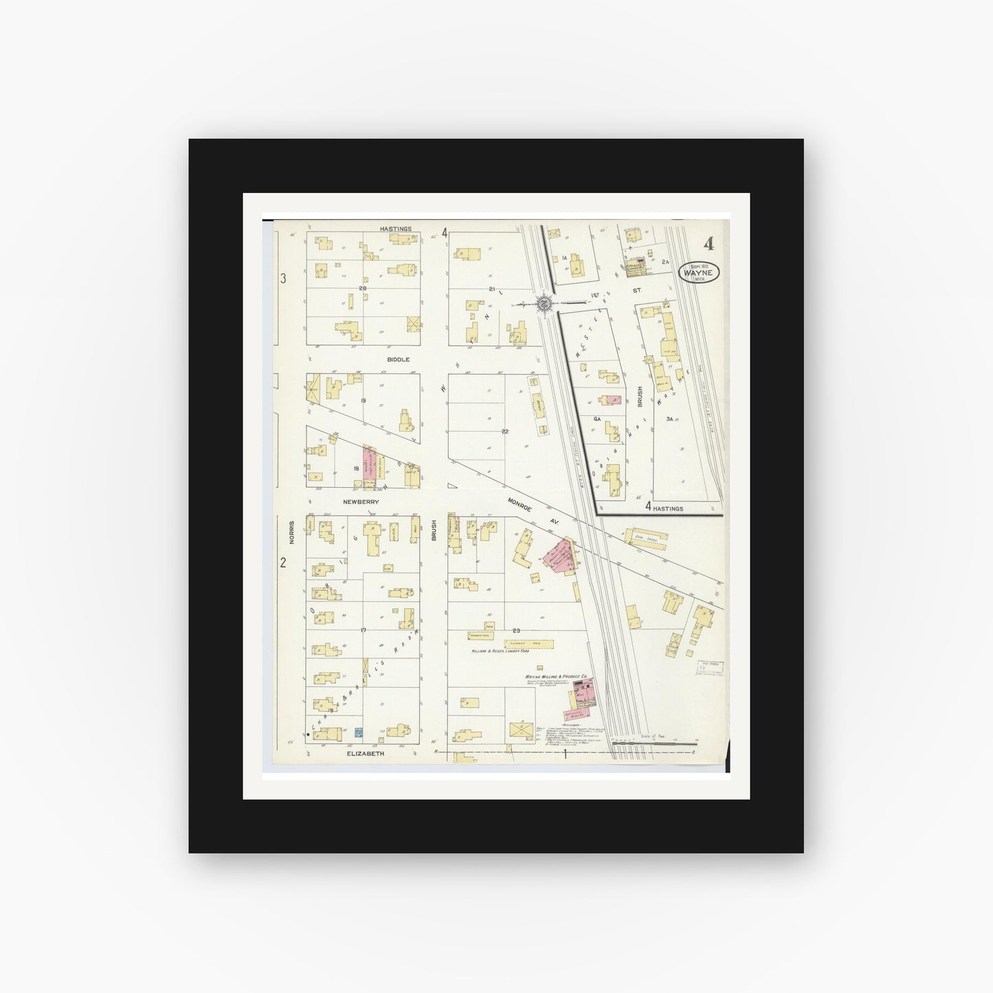 Old map wall art mockup — black gallery frame with white mat — Sanborn Fire Insurance Map from Wayne, Wayne County, Michigan (1912), Sheet #0004