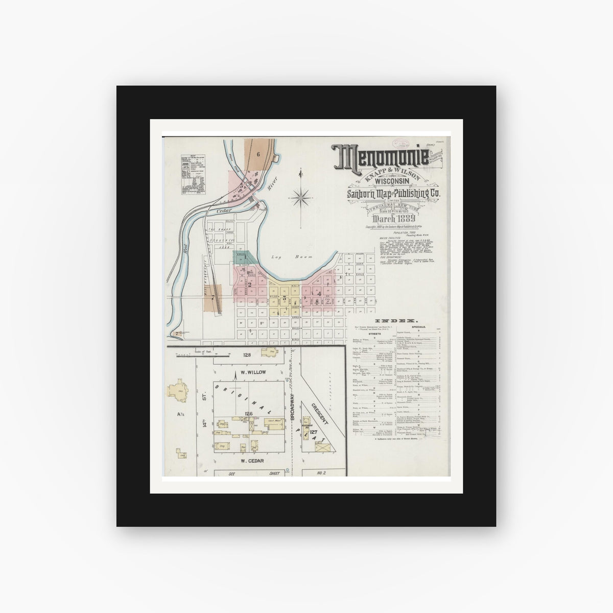 Old map wall art mockup — black gallery frame with white mat — Sanborn Fire Insurance Map from Menomonie, Dunn County, Wisconsin (1889) - Complete Map Set