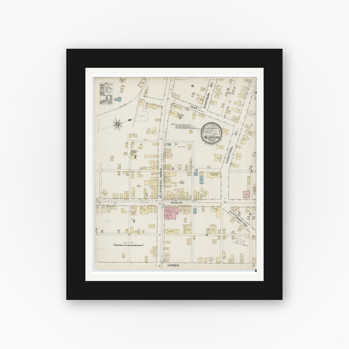 Old map wall art mockup — black gallery frame with white mat — Sanborn Fire Insurance Map from Millerstown, Butler County, Pennsylvania (1886), Sheet #0001