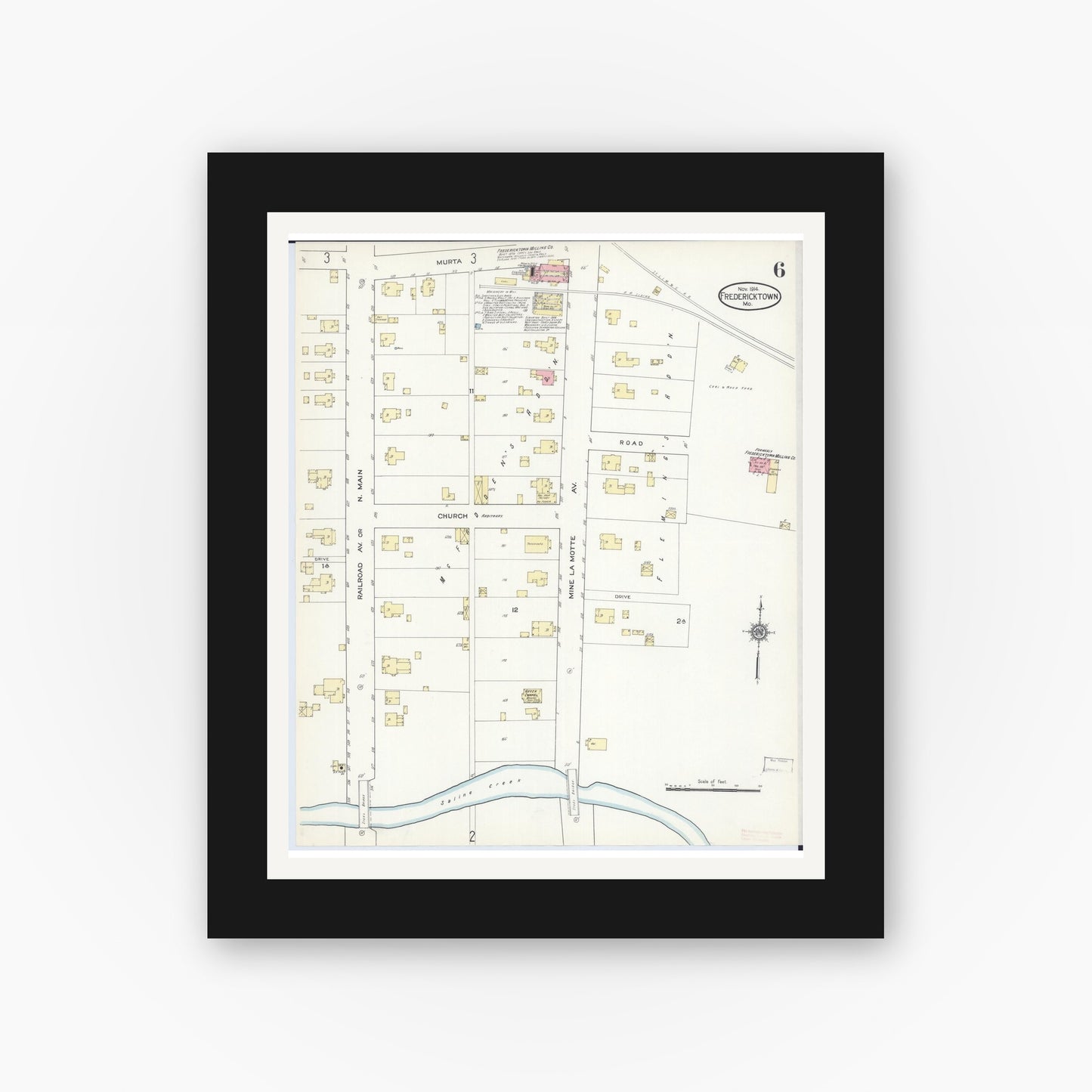 Old map wall art mockup — black gallery frame with white mat — Sanborn Fire Insurance Map from Fredericktown, Madison County, Missouri (1914), Sheet #0006