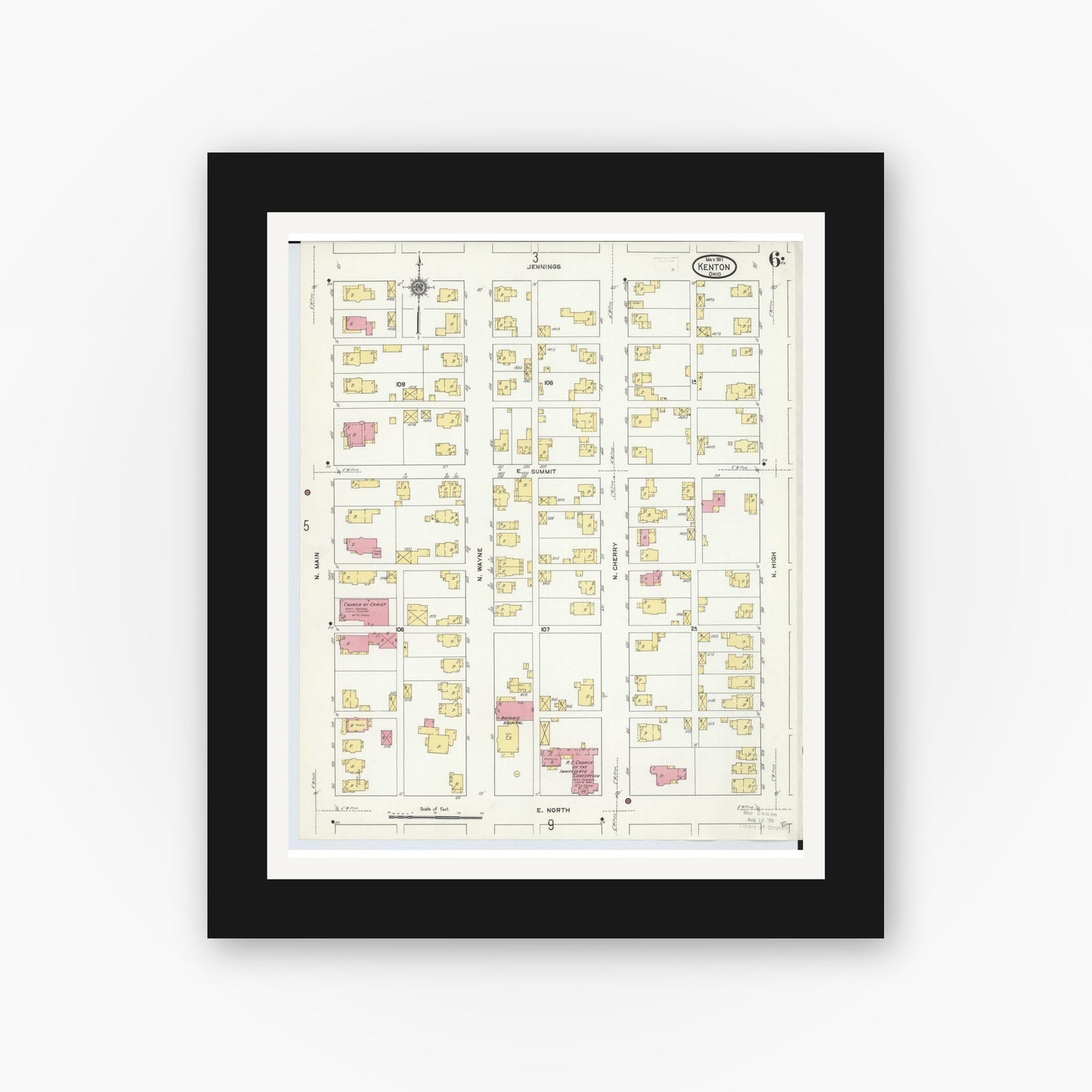 Old map wall art mockup — black gallery frame with white mat — Sanborn Fire Insurance Map from Kenton, Hardin County, Ohio (1911), Sheet #0006