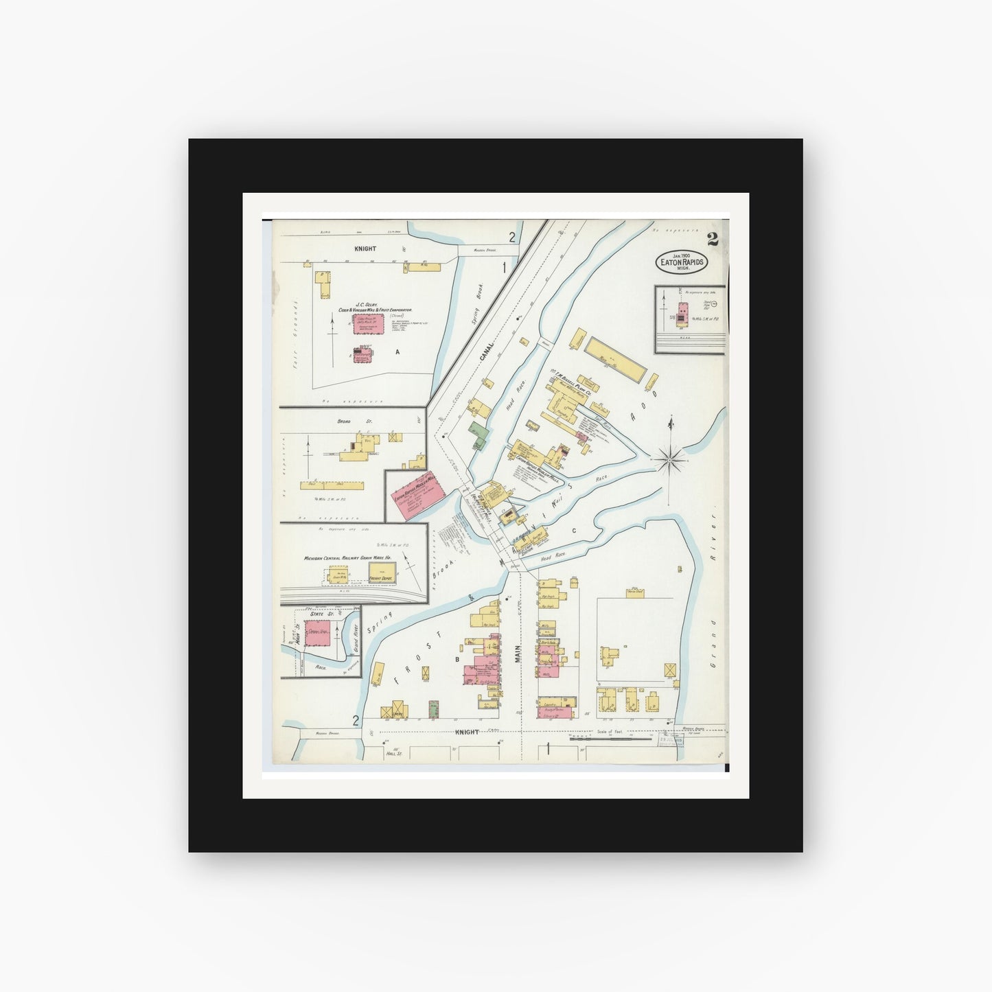 Old map wall art mockup — black gallery frame with white mat — Sanborn Fire Insurance Map from Eaton Rapids, Eaton County, Michigan (1900), Sheet #0002