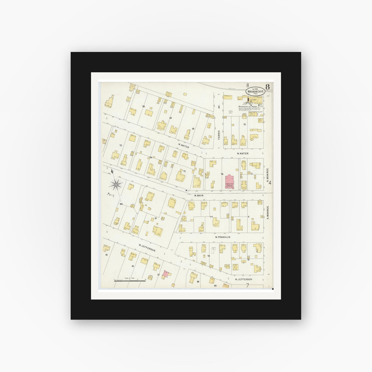Old map wall art mockup — black gallery frame with white mat — Sanborn Fire Insurance Map from Waxahachie, Ellis County, Texas (1898), Sheet #0008