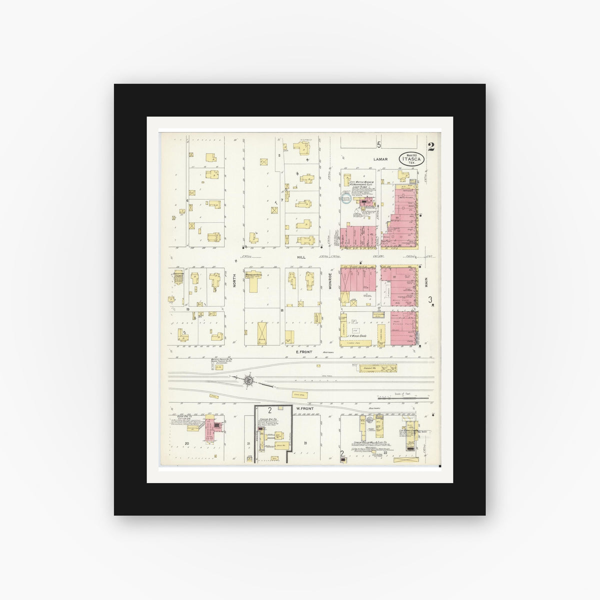 Old map wall art mockup — black gallery frame with white mat — Sanborn Fire Insurance Map from Itasca, Hill County, Texas (1912), Sheet #0002