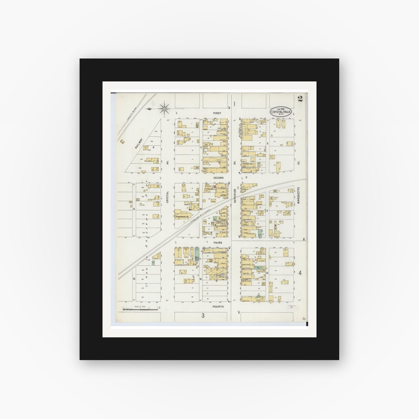 Old map wall art mockup — black gallery frame with white mat — Sanborn Fire Insurance Map from Crystal Falls, Iron County, Michigan (1898), Sheet #0002