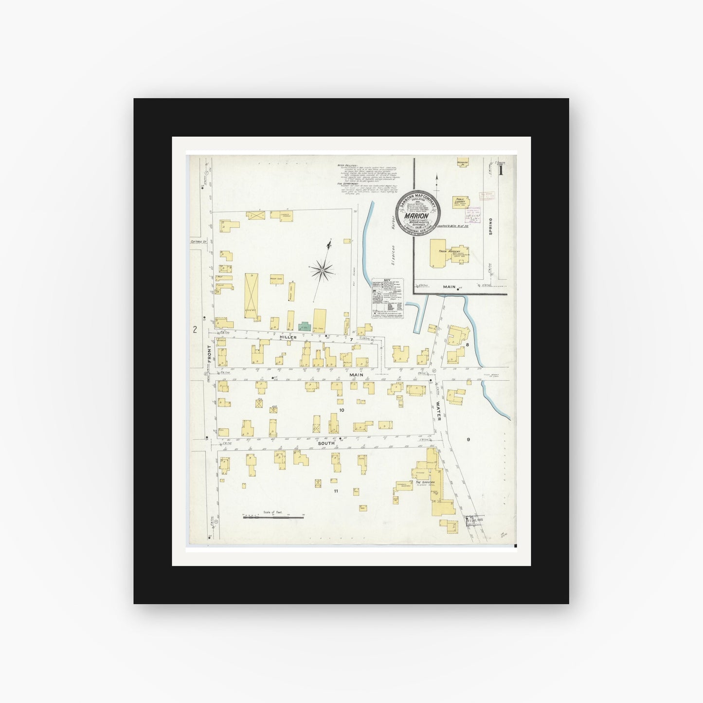 Old map wall art mockup — black gallery frame with white mat — Sanborn Fire Insurance Map from Marion, Plymouth County, Massachusetts (1908) - Complete Map Set