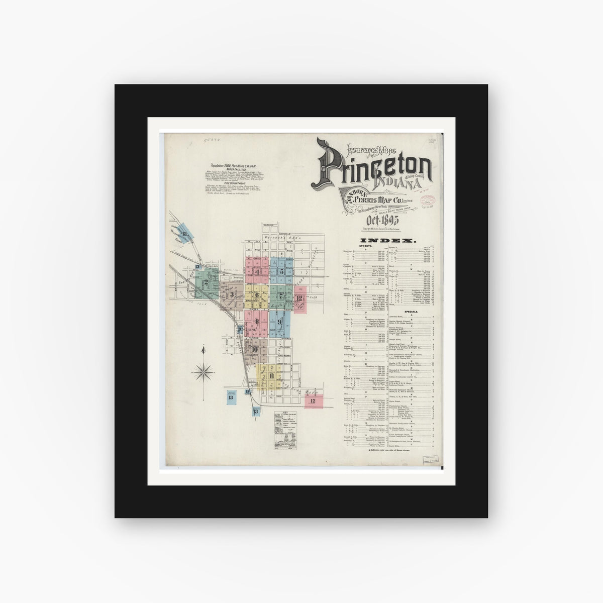 Old map wall art mockup — black gallery frame with white mat — Sanborn Fire Insurance Map from Princeton, Gibson County, Indiana (1895), Sheet #0001