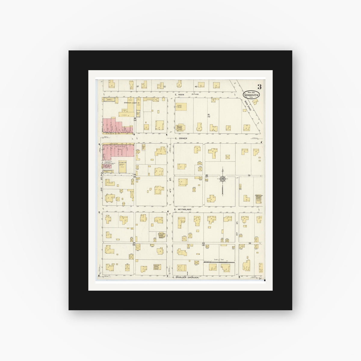 Old map wall art mockup — black gallery frame with white mat — Sanborn Fire Insurance Map from Grandview, Johnson County, Texas (1912), Sheet #0003