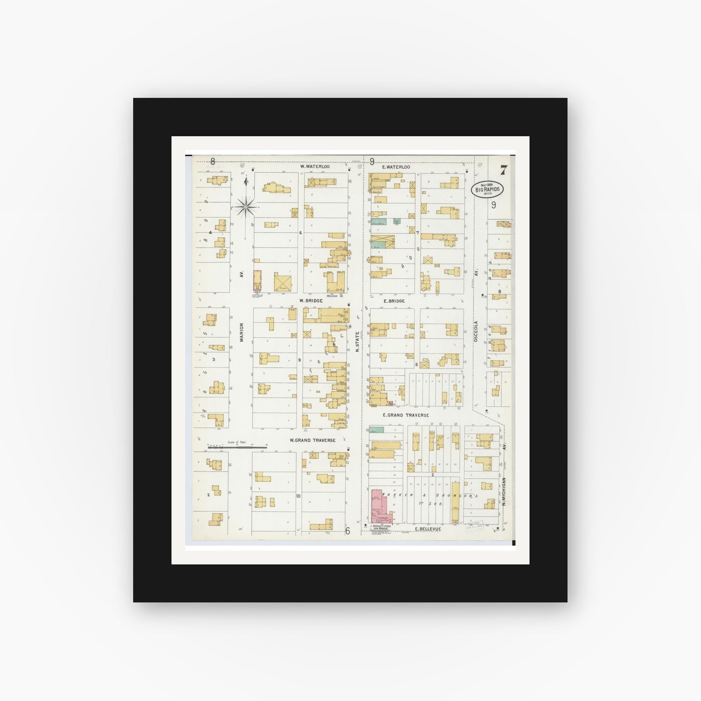 Old map wall art mockup — black gallery frame with white mat — Sanborn Fire Insurance Map from Big Rapids, Mecosta County, Michigan (1899), Sheet #0007