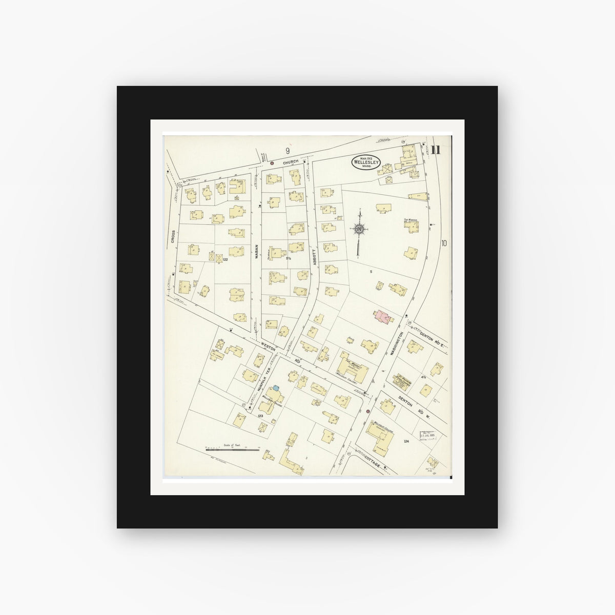 Old map wall art mockup — black gallery frame with white mat — Sanborn Fire Insurance Map from Wellesley, Norfolk County, Massachusetts (1912), Sheet #0011