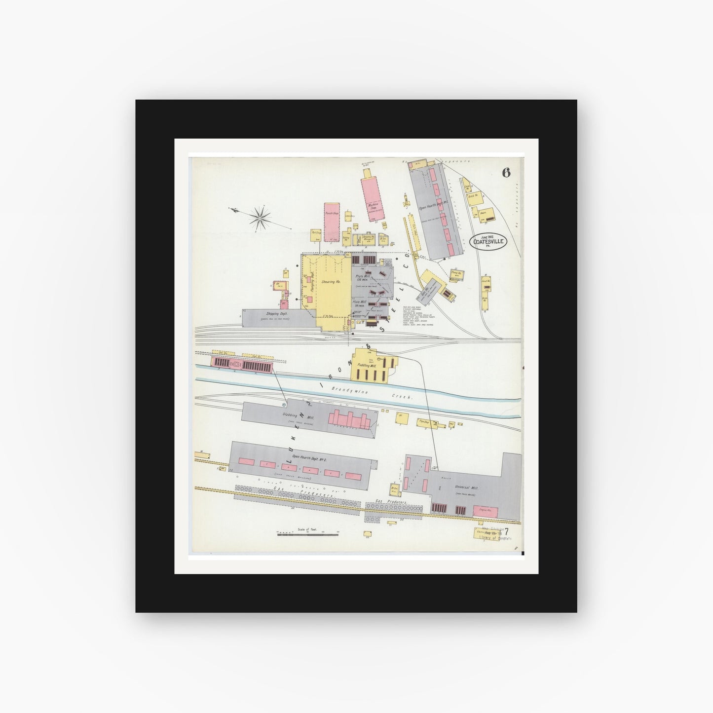 Old map wall art mockup — black gallery frame with white mat — Sanborn Fire Insurance Map from Coatesville, Chester County, Pennsylvania (1902), Sheet #0006