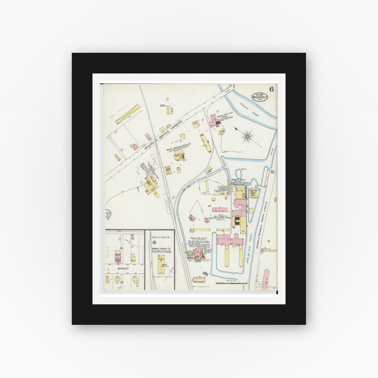 Old map wall art mockup — black gallery frame with white mat — Sanborn Fire Insurance Map from Waverly, Pike County, Ohio (1897), Sheet #0006