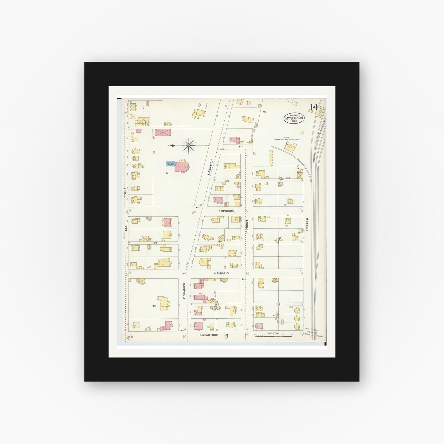 Old map wall art mockup — black gallery frame with white mat — Sanborn Fire Insurance Map from Mount Vernon, Knox County, Ohio (1903), Sheet #0014