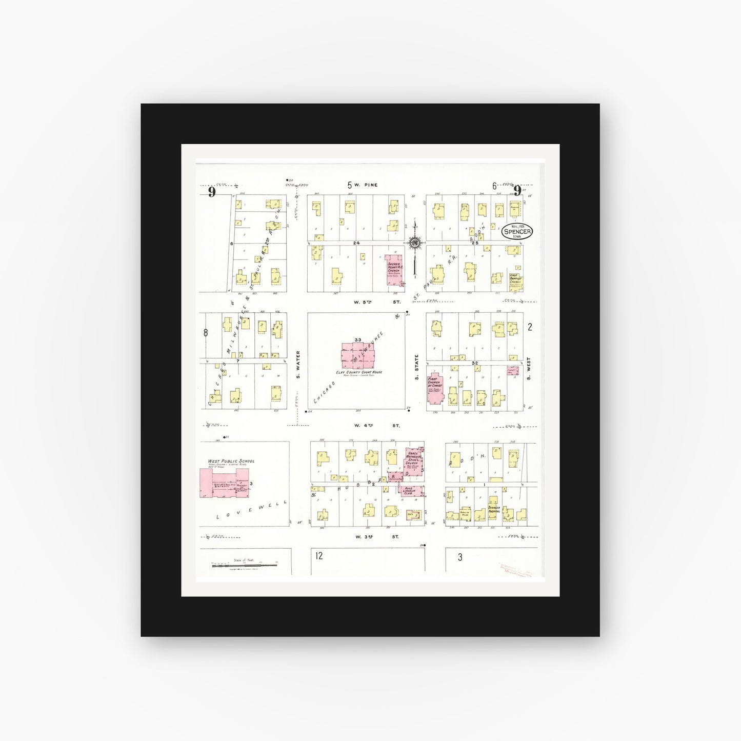 Old map wall art mockup β black gallery frame with white mat β Sanborn Fire Insurance Map from Spencer, Clay County, Iowa (1924), Sheet #0009