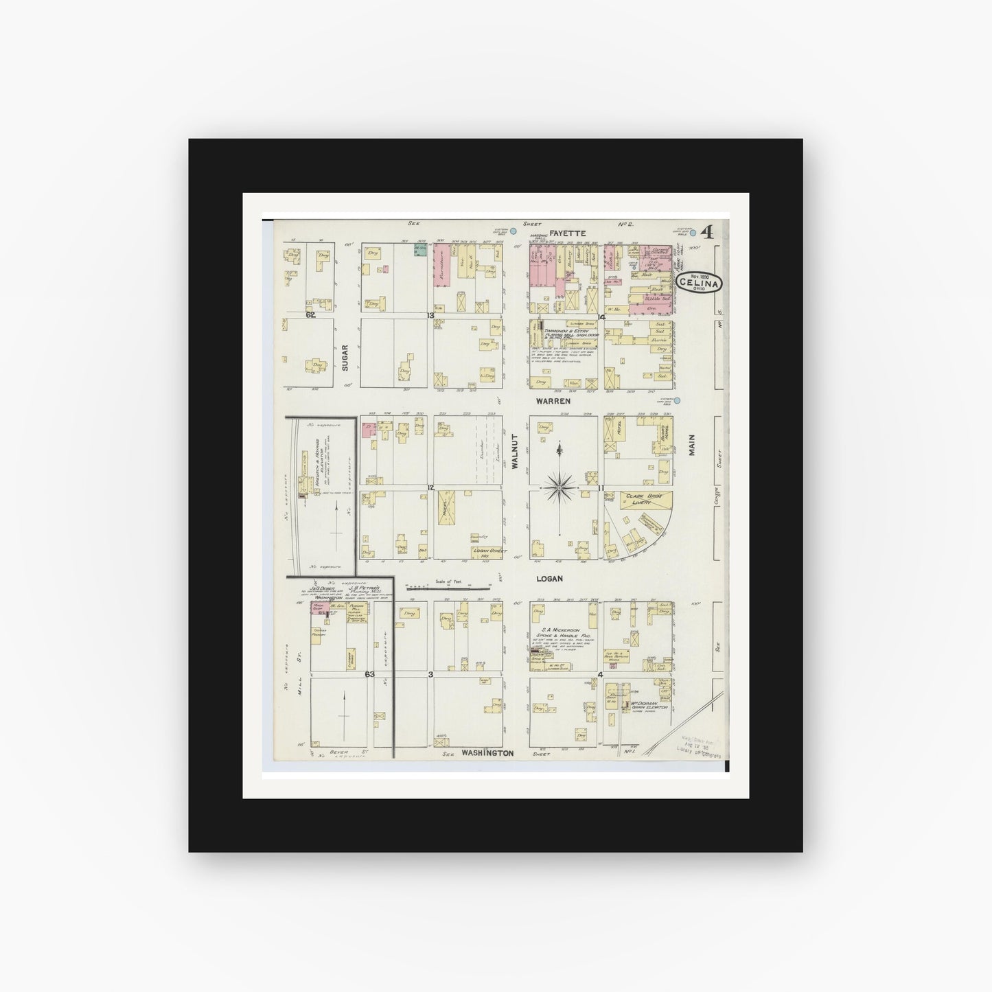 Old map wall art mockup — black gallery frame with white mat — Sanborn Fire Insurance Map from Celina, Mercer County, Ohio (1890), Sheet #0004
