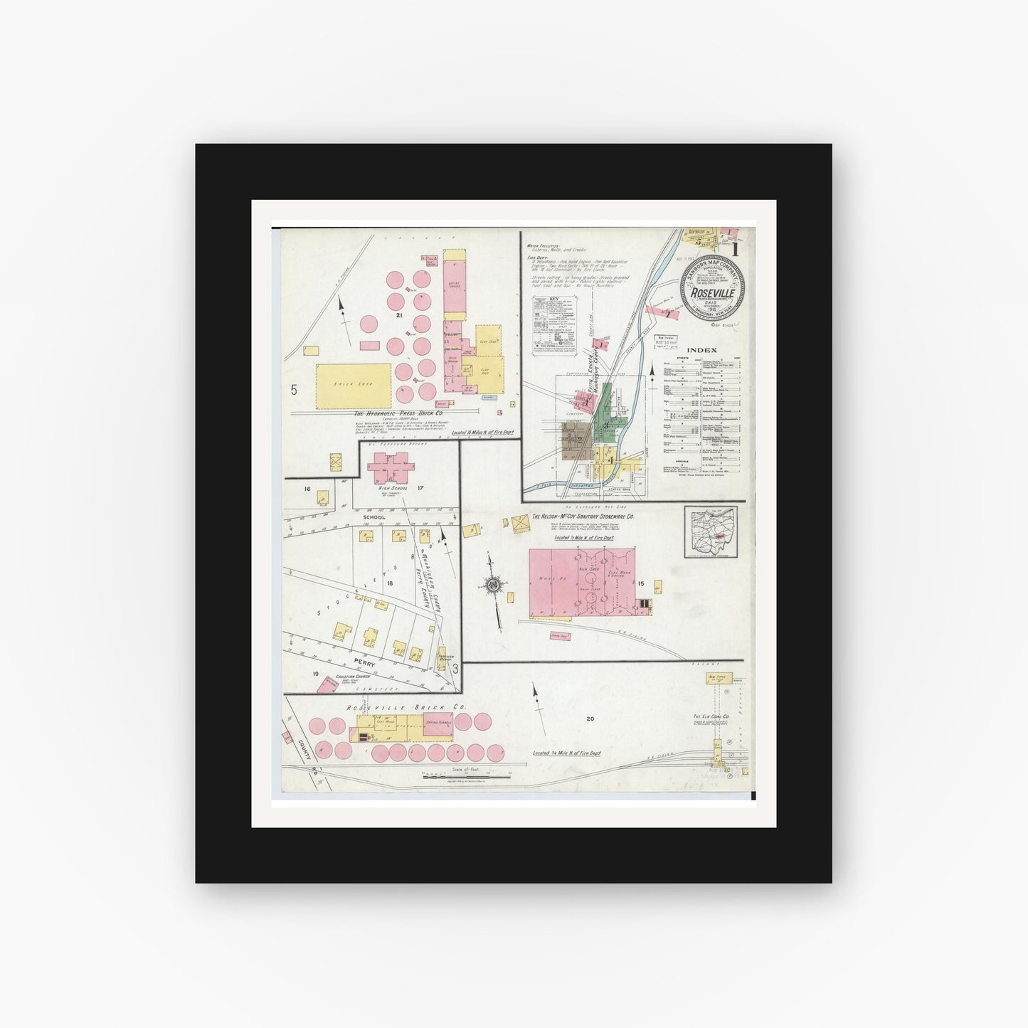 Old map wall art mockup — black gallery frame with white mat — Sanborn Fire Insurance Map from Roseville, Perry And Muskingum Counties, Ohio (1918), Sheet #0001