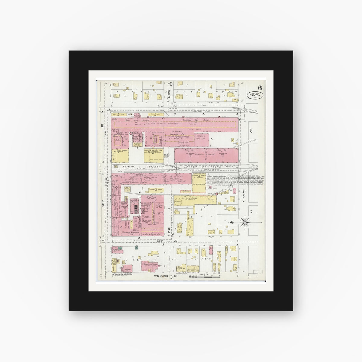 Old map wall art mockup — black gallery frame with white mat — Sanborn Fire Insurance Map from Canton, Fulton County, Illinois (1902), Sheet #0006