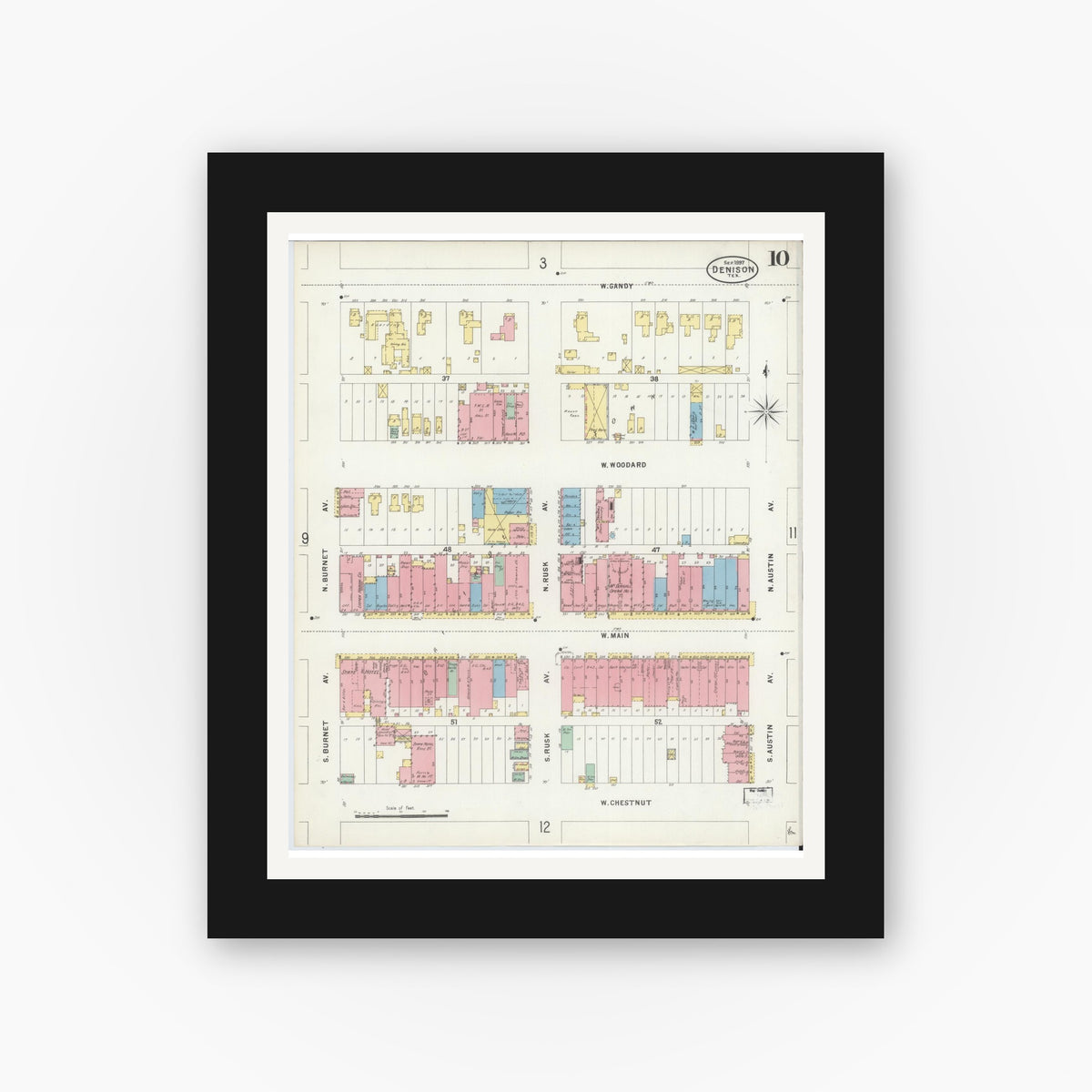 Old map wall art mockup — black gallery frame with white mat — Sanborn Fire Insurance Map from Denison, Grayson County, Texas (1897), Sheet #0010