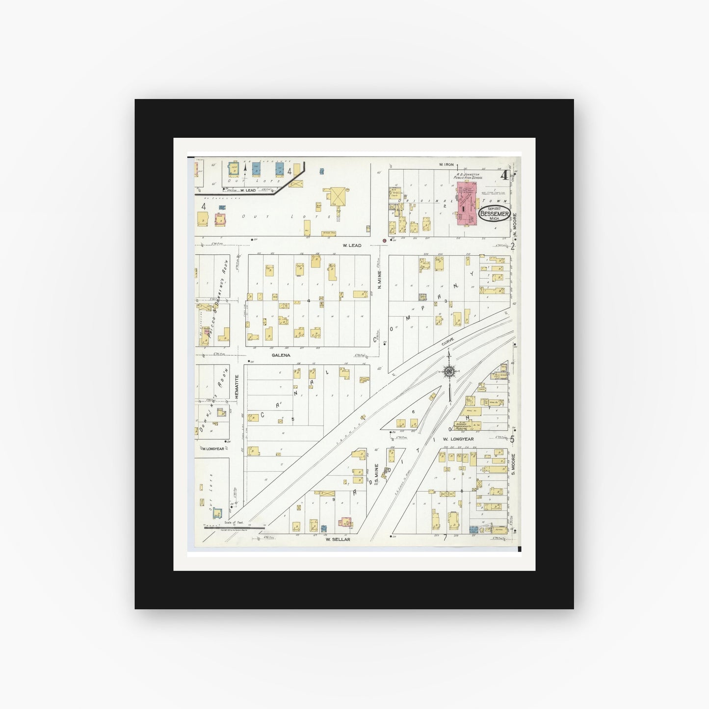 Old map wall art mockup — black gallery frame with white mat — Sanborn Fire Insurance Map from Bessemer, Gogebic County, Michigan (1917), Sheet #0004