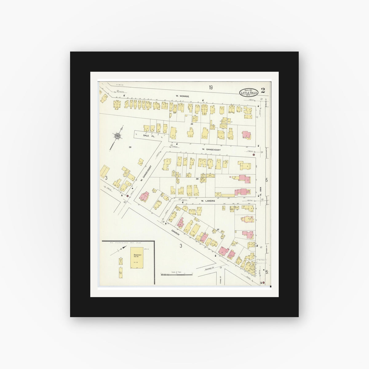 Old map wall art mockup — black gallery frame with white mat — Sanborn Fire Insurance Map from Little Falls, Herkimer County, New York (1911) - Complete Map Set