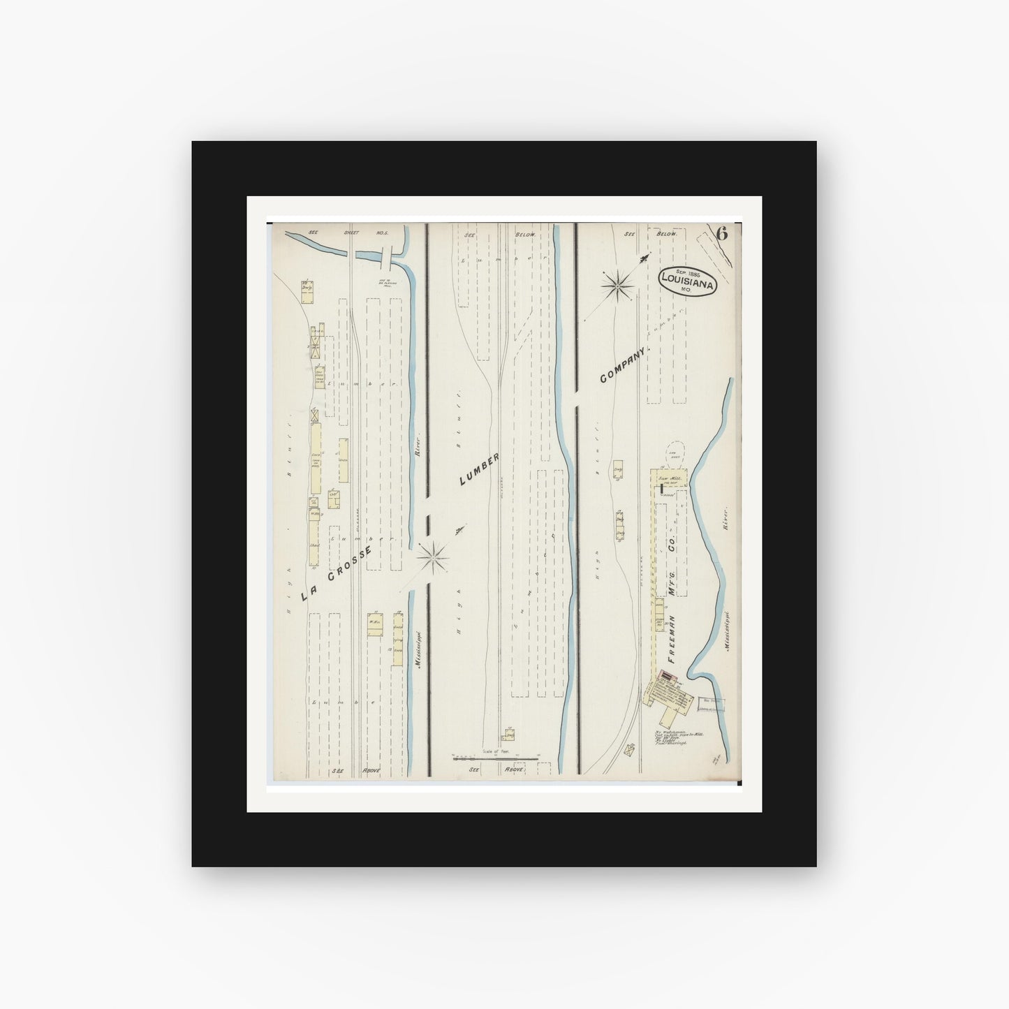 Old map wall art mockup — black gallery frame with white mat — Sanborn Fire Insurance Map from Louisiana, Pike County, Missouri (1885), Sheet #0006