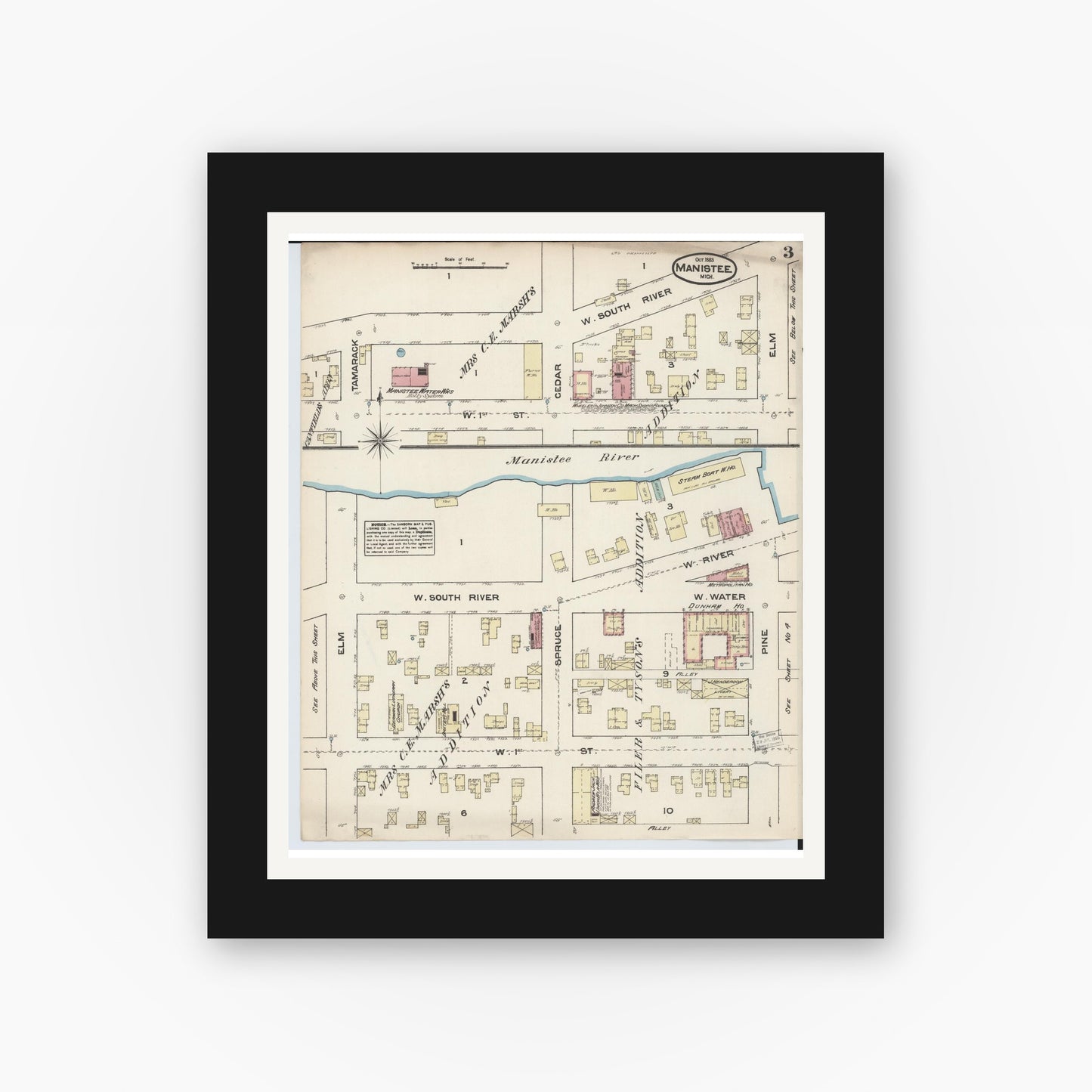 Old map wall art mockup — black gallery frame with white mat — Sanborn Fire Insurance Map from Manistee, Manistee County, Michigan (1883), Sheet #0003