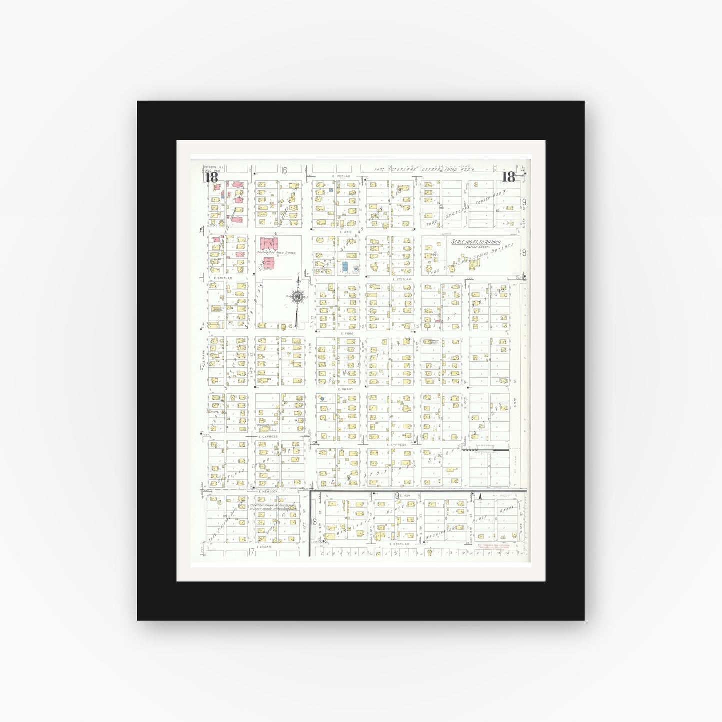 Old map wall art mockup — black gallery frame with white mat — Sanborn Fire Insurance Map from Herrin, Williamson County, Illinois (1941), Sheet #0018