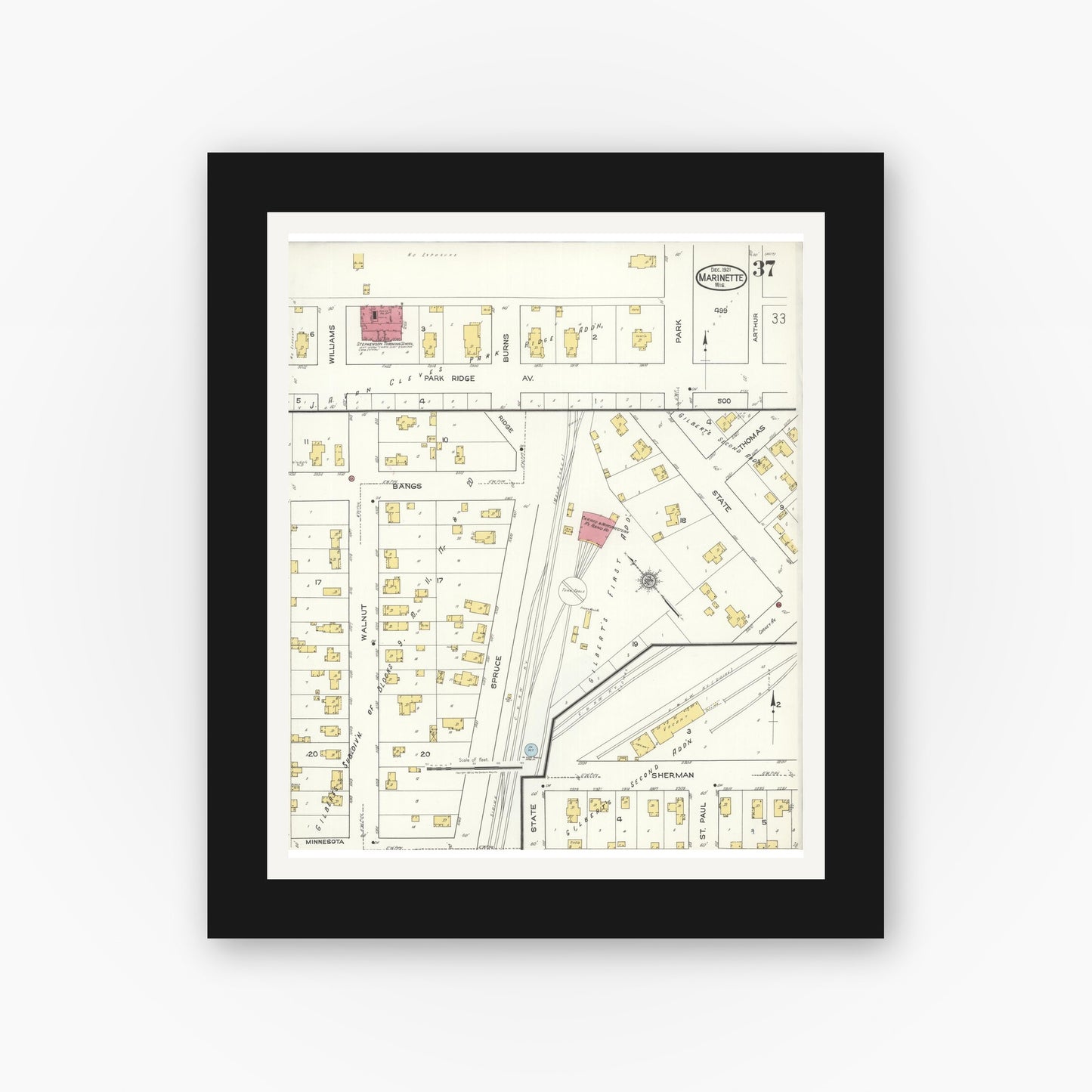 Old map wall art mockup — black gallery frame with white mat — Sanborn Fire Insurance Map from Marinette, Marinette County, Wisconsin (1921), Sheet #0037