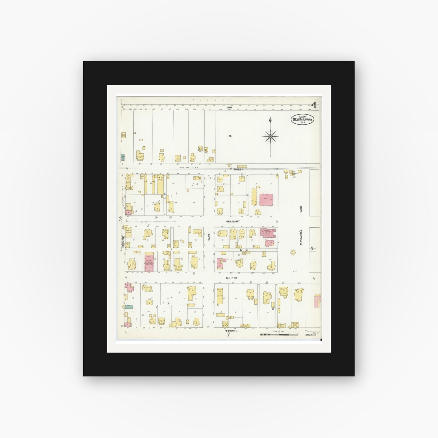 Old map wall art mockup — black gallery frame with white mat — Sanborn Fire Insurance Map from New Harmony, Posey County, Indiana (1907), Sheet #0004
