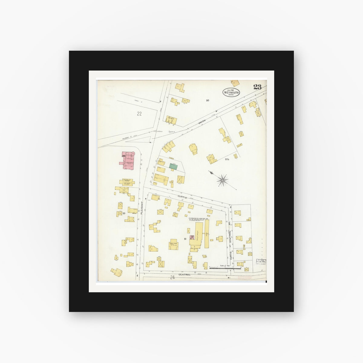 Old map wall art mockup — black gallery frame with white mat — Sanborn Fire Insurance Map from Weymouth, Norfolk County, Massachusetts (1904), Sheet #0023