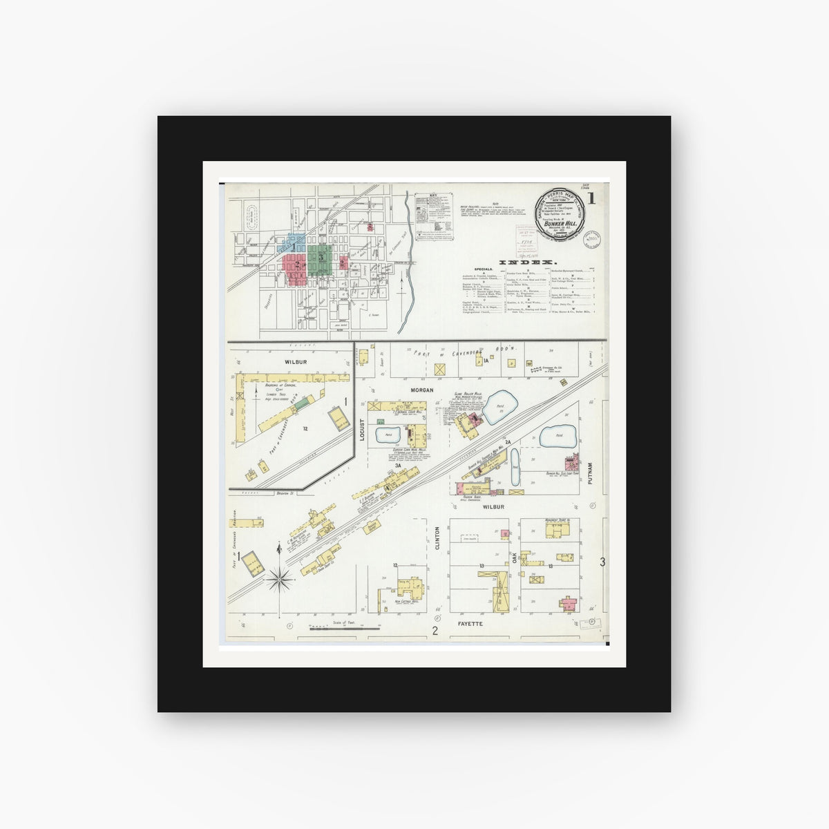 Old map wall art mockup — black gallery frame with white mat — Sanborn Fire Insurance Map from Bunker Hill, Macoupin County, Illinois (1899), Sheet #0001