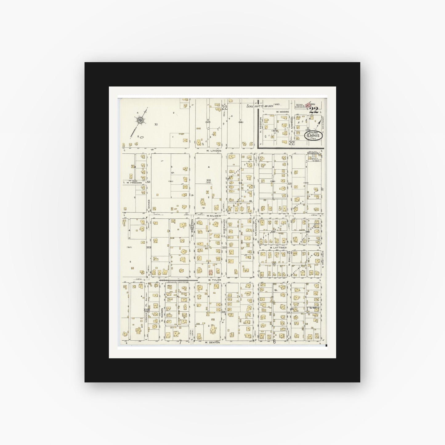 Old map wall art mockup — black gallery frame with white mat — Sanborn Fire Insurance Map from Ennis, Ellis County, Texas (1920), Sheet #0022