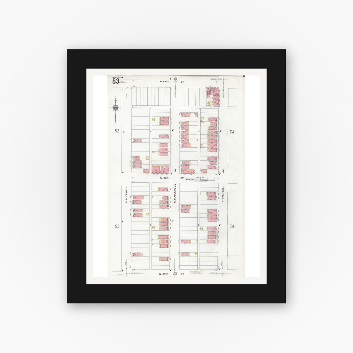 Old map wall art mockup — black gallery frame with white mat — Sanborn Fire Insurance Map from Chicago, Cook County, Illinois (1920), Sheet #0053