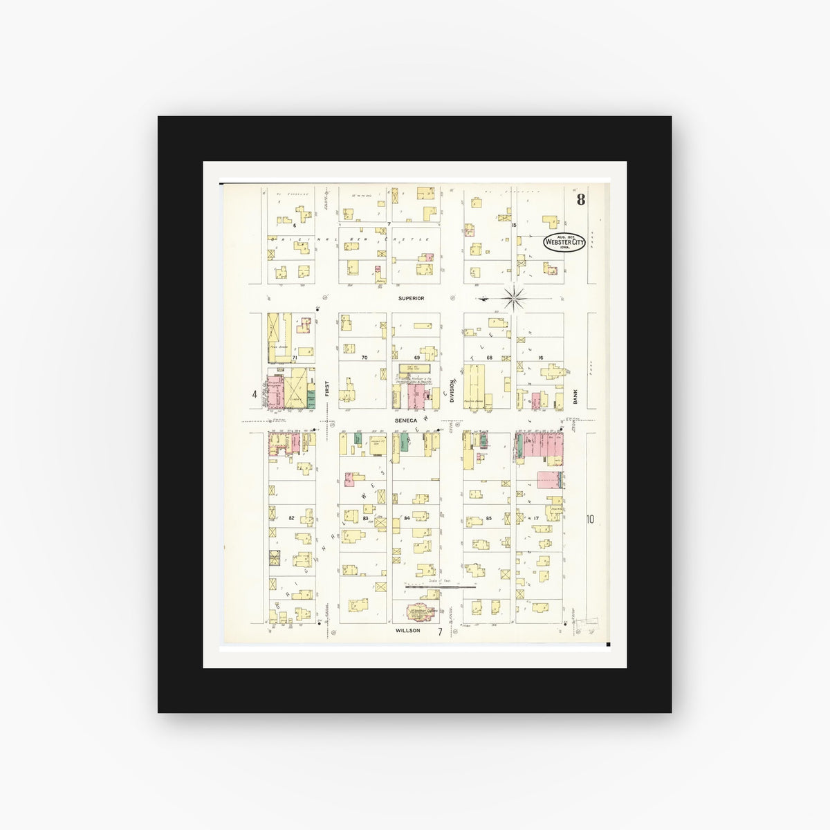 Old map wall art mockup — black gallery frame with white mat — Sanborn Fire Insurance Map from Webster City, Hamilton County, Iowa (1907), Sheet #0008