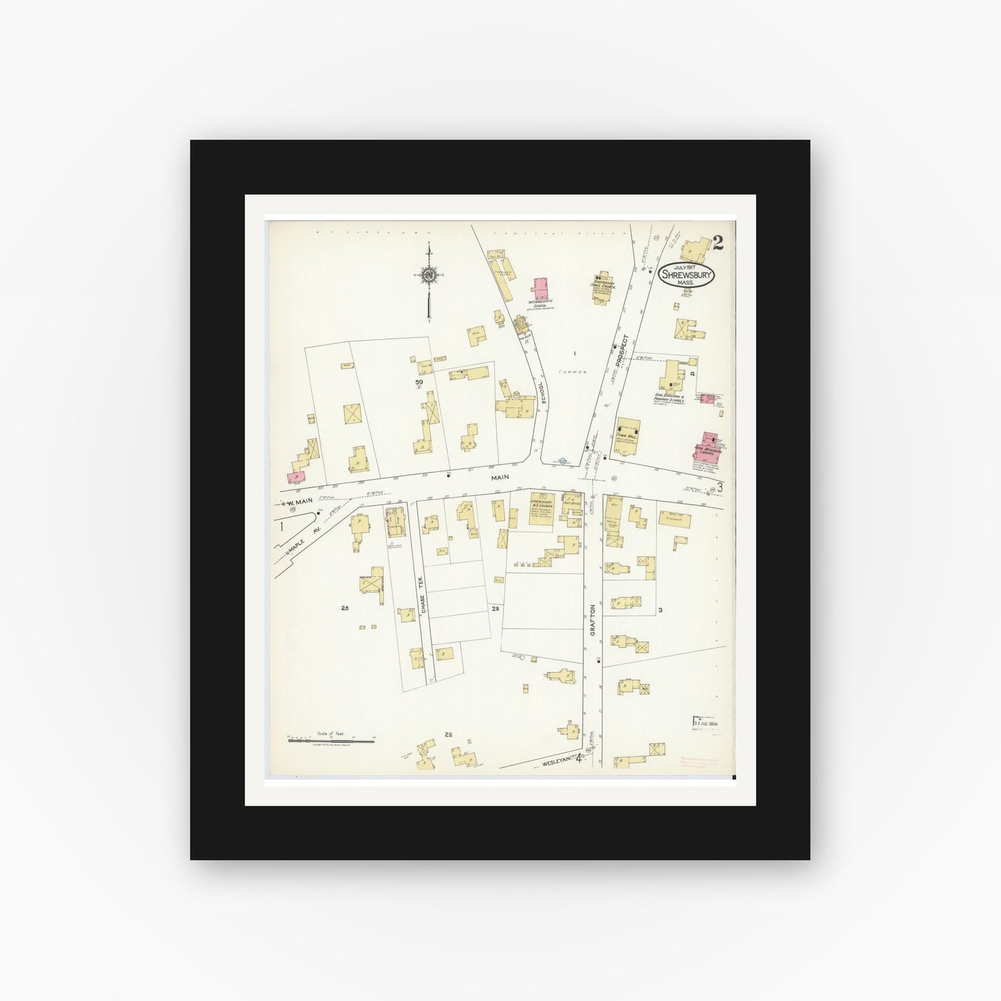 Old map wall art mockup — black gallery frame with white mat — Sanborn Fire Insurance Map from Shrewsbury, Worcester County, Massachusetts (1917), Sheet #0002