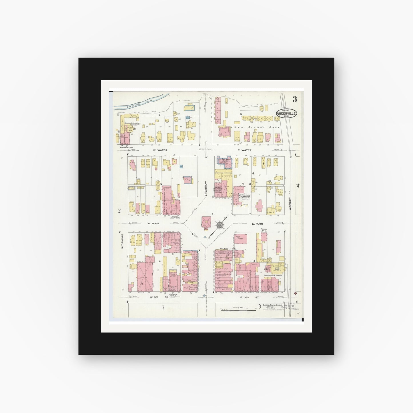 Old map wall art mockup — black gallery frame with white mat — Sanborn Fire Insurance Map from Greenville, Darke County, Ohio (1910), Sheet #0003