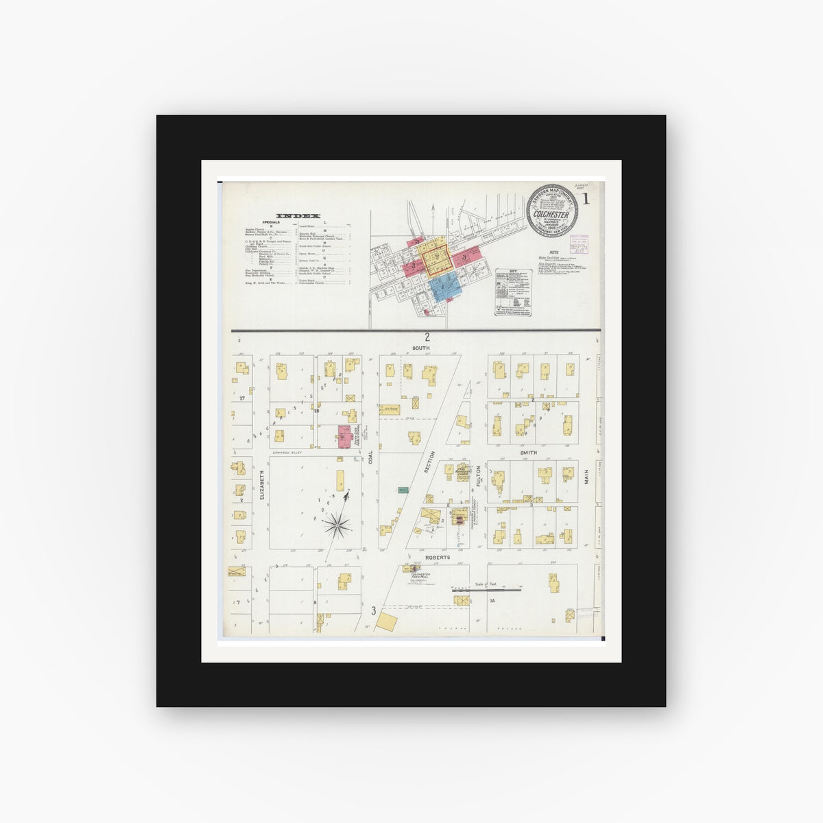 Old map wall art mockup — black gallery frame with white mat — Sanborn Fire Insurance Map from Colchester, Mcdonough County, Illinois (1906), Sheet #0001